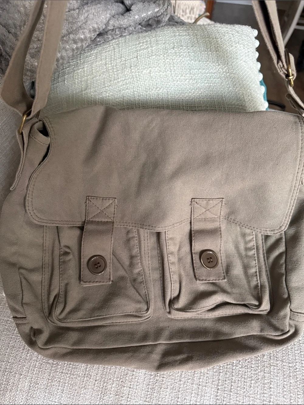 100% Cotton - 90s Grunge Vintage Muted Olive Green Canvas Messenger Bag